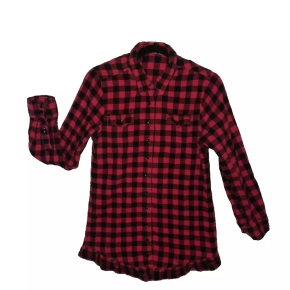 Night Shirt Womens Small Buffalo Check Flannel Red and Black Frill Fringe Winter - Picture 1 of 4